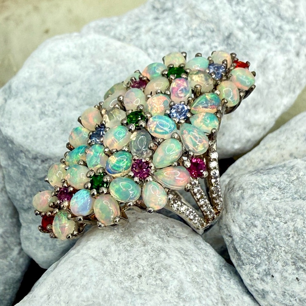 Premium Ethiopian Welo Opal & MultiGemstone 5.75 ctw Statement Ring Platinum/925 - Picture 7 of 17